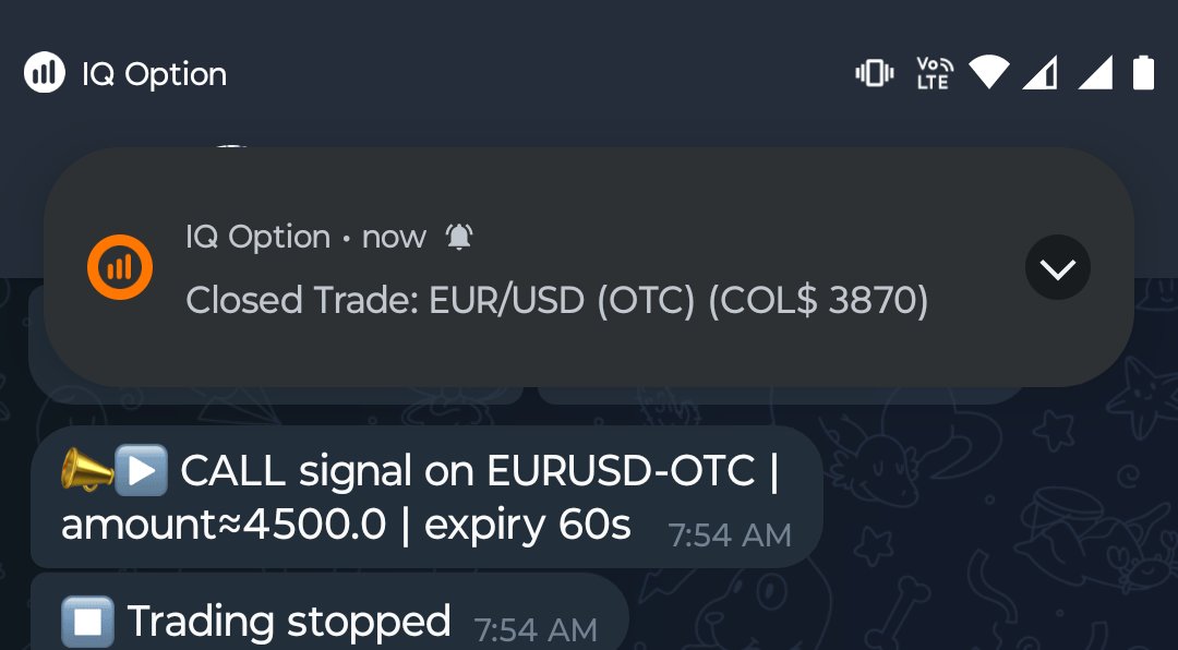 Señal CALL de Proto.Bots enviada a Telegram y notificación de trade cerrado en IQ Option